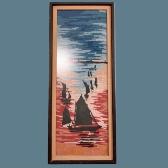 “Vintage Mid-Century French Needlepoint – Sailing Ship Seascape” - Picture 1 of 8